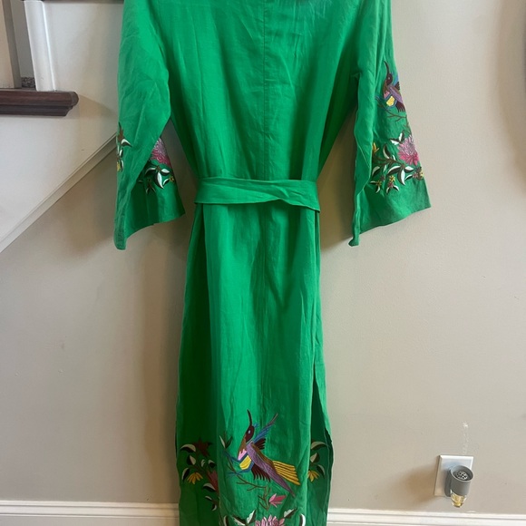 NWT Fanm Mon Asia Maxi Dress in Kelly Green Embroidered Linen XS - Picture 3 of 10